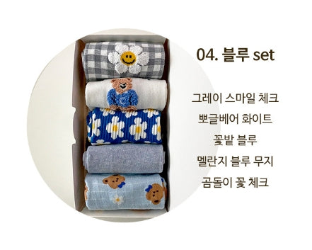 AURACASA Cute Gift Women 5 Pairs Socks Blue Set 귀여운 5종 양말 블루세트