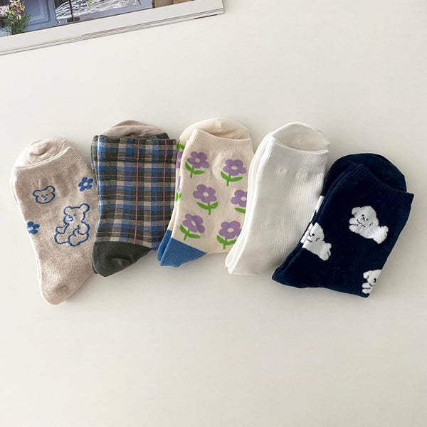 AURACASA Daily Women 5 Pairs Socks 08. Khaki blue set