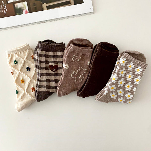 AURACASA Daily Women 5 Pairs Socks 10. Beige Brown Set