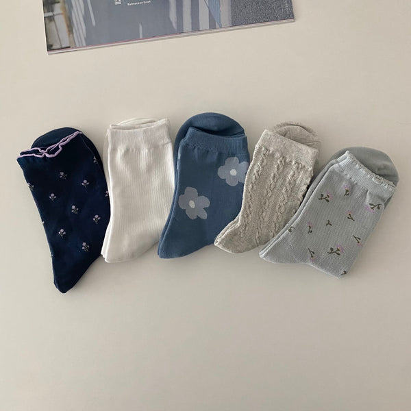 AURACASA Daily Women 5 Pairs Socks 07. Blue Flower Set